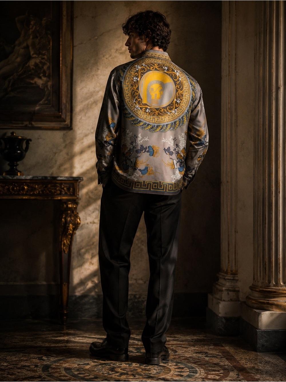 Versace silk Gray and Gold Baroque Print Top